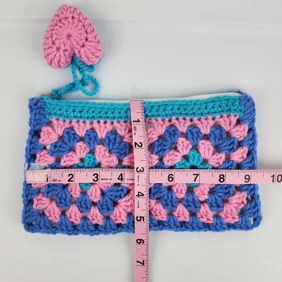 New Handcrafted Crochet Clutch Blue Pink Teal Case Granny Heart Crochet Charm - Picture 7 of 7